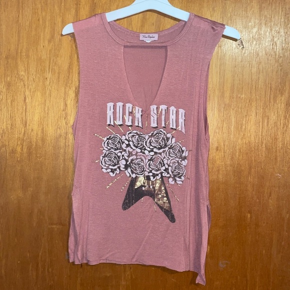 •MISS POPULAR•MAUVE CUT-OUT CHEST "ROCKSTAR" FORAL GUITAR TANK TOP SIZE SMALL. - Picture 9 of 9